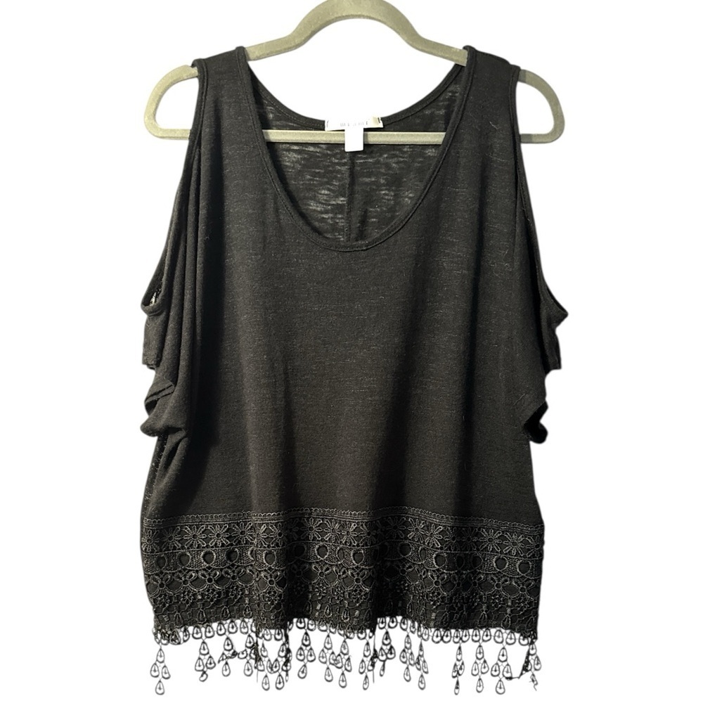 Francesca’s Miami Black Cold Shoulder Crochet Trim Top